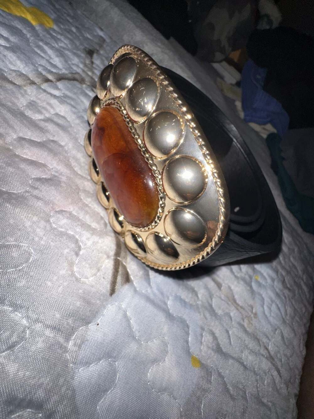 DIY Black Belt with MK Large Ornate Gold-Tone and Amber Stone Buckle